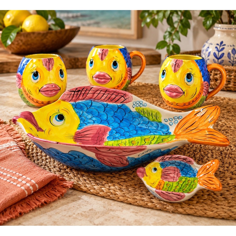 Tabletops Gallery Coastal Pescada Ceramic Fish Serving Bowl Mug Set 5pc Vintage